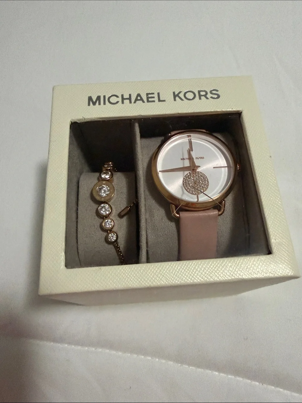 Michael Kors Pink and Rose Gold Watch and Crystal Bracelet Set